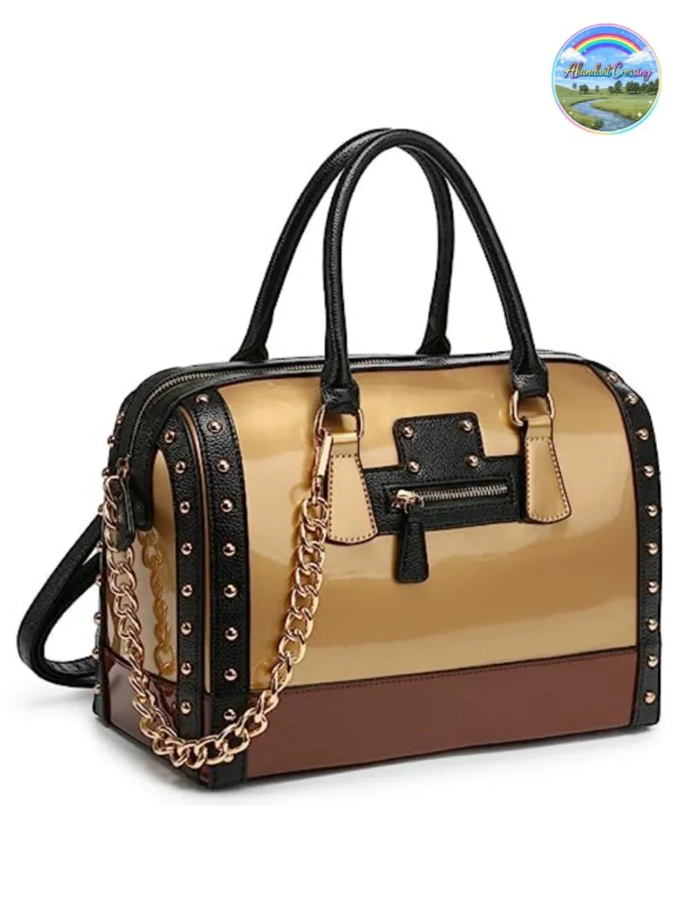 Faux Leather Patent Barrel Satchel Handbag with Rivets Top Handle Shoulder Purse